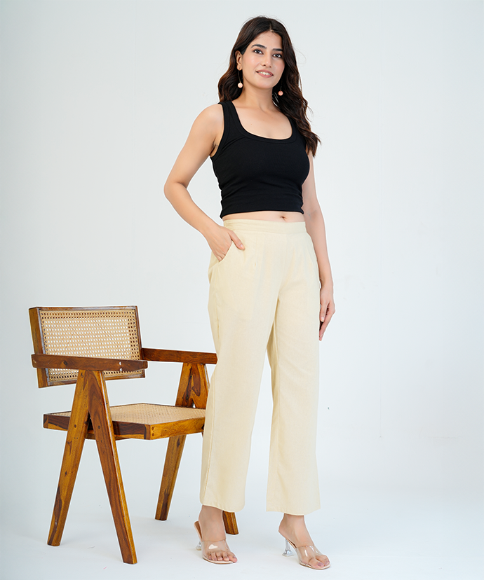 Beige Wide Leg Cotton Pant