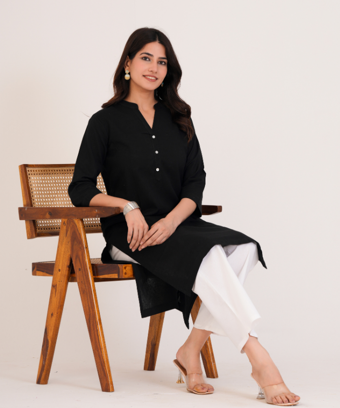 Black Airy Linen Long Kurta