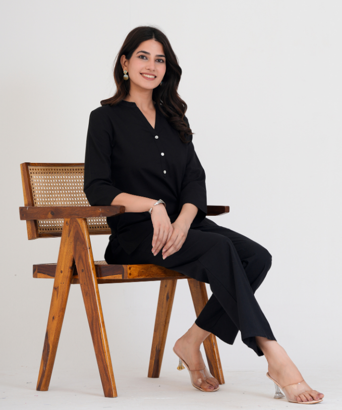 Black Airy Linen Short Kurta Co-ord Set