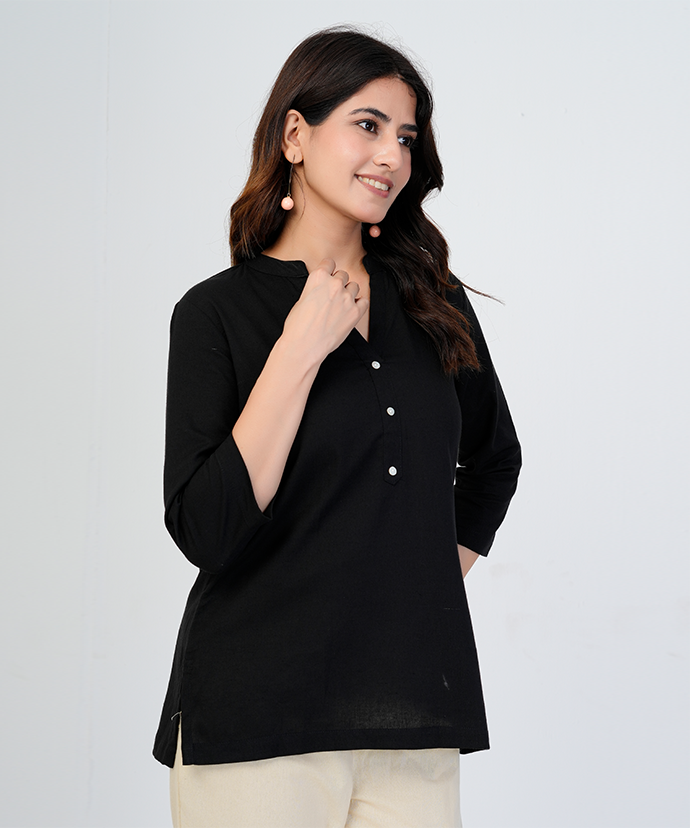 Black Airy Linen Short Kurta