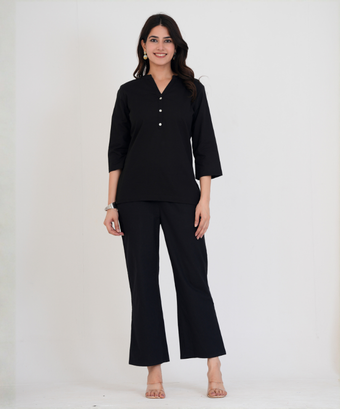 Black Airy Linen Short Kurta Co-ord Set
