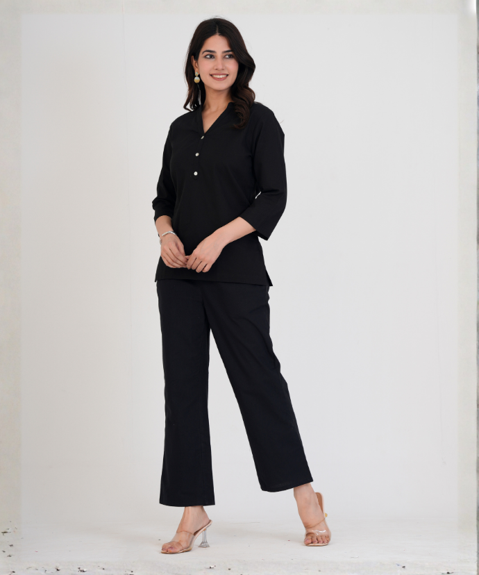 Black Airy Linen Short Kurta Co-ord Set