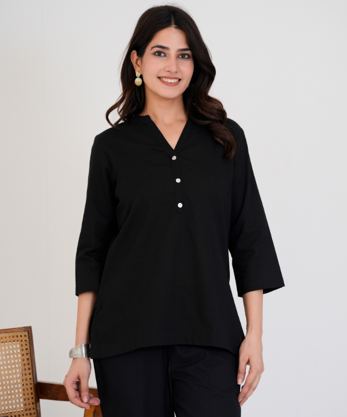 Black Airy Linen Short Kurta Co-ord Set