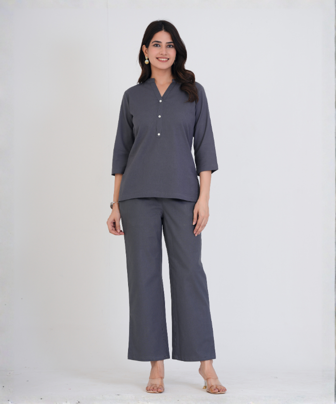 Cement Grey Airy Linen Short Kurta Co-ord Set
