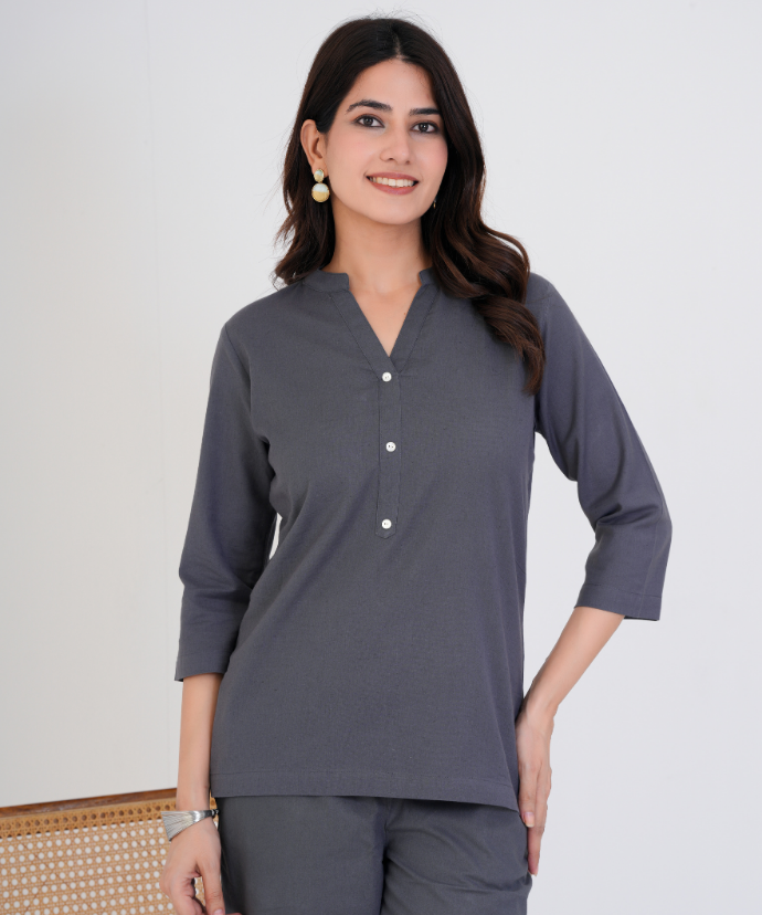 Cement Grey Airy Linen Short Kurta Co-ord Set