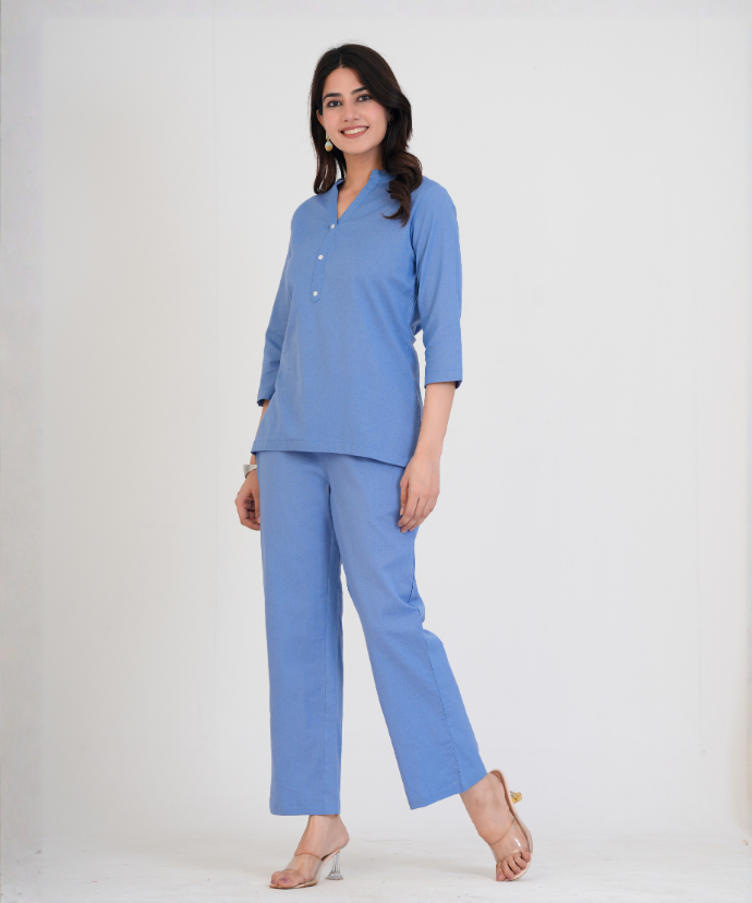 English Blue Airy Linen Short Kurta Co-ord Set
