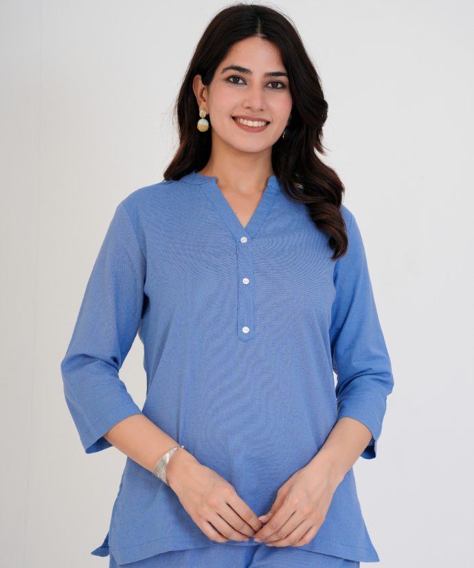 English Blue Airy Linen Short Kurta Co-ord Set