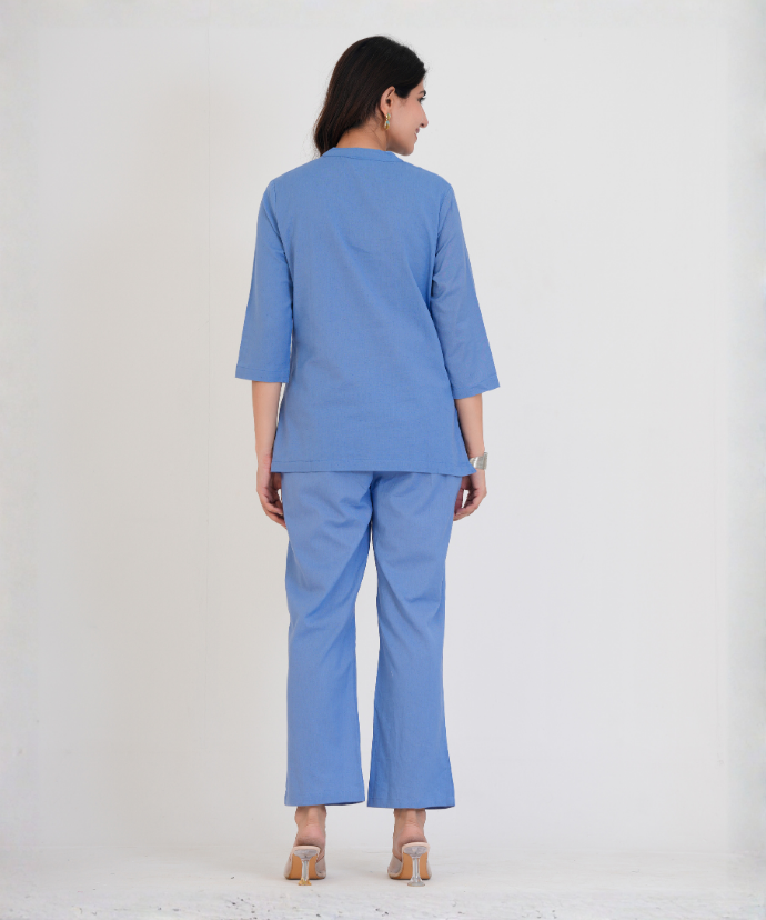 English Blue Airy Linen Short Kurta Co-ord Set