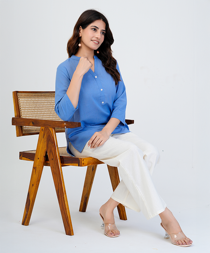 English blue Airy Linen Short Kurta
