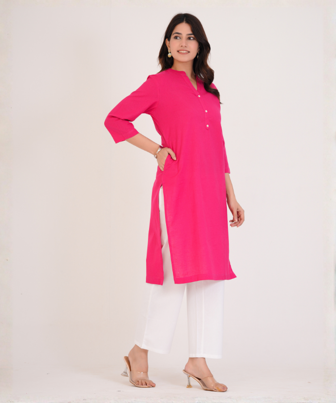 Hot Pink Airy Linen Long Kurta