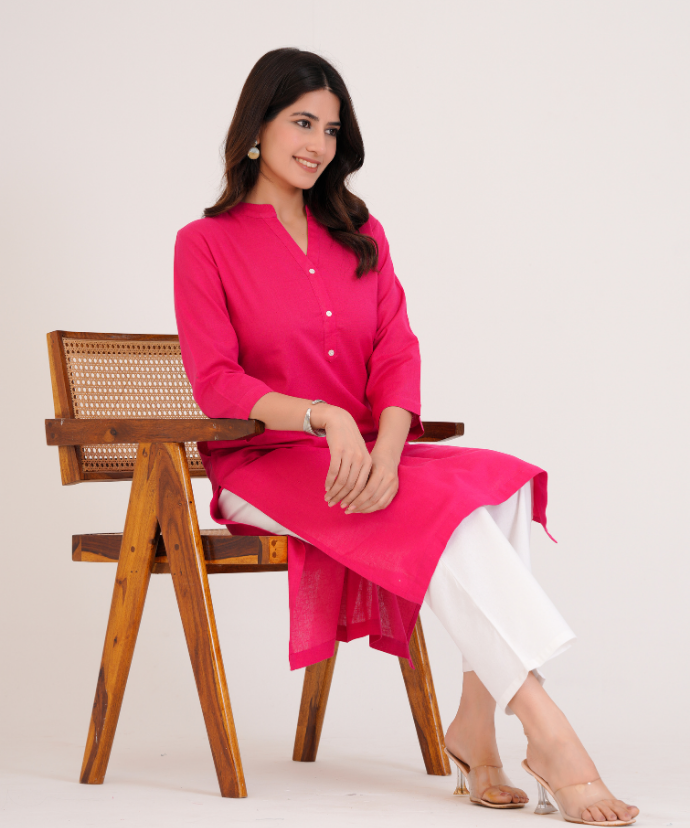 Hot Pink Airy Linen Long Kurta