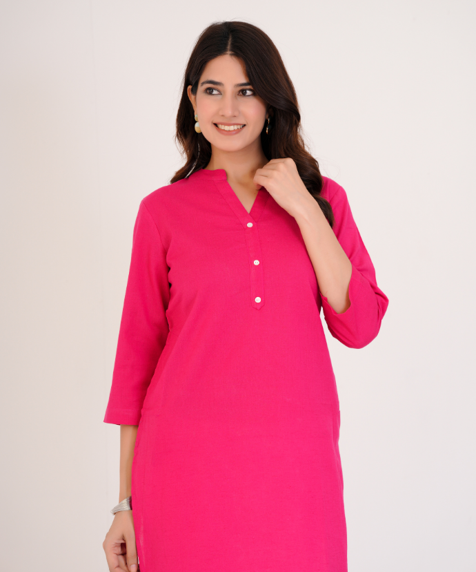 Hot Pink Airy Linen Long Kurta