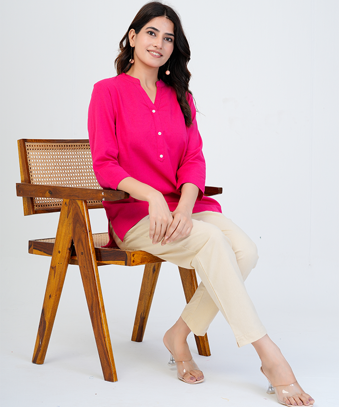 Hot Pink Airy Linen Short Kurta
