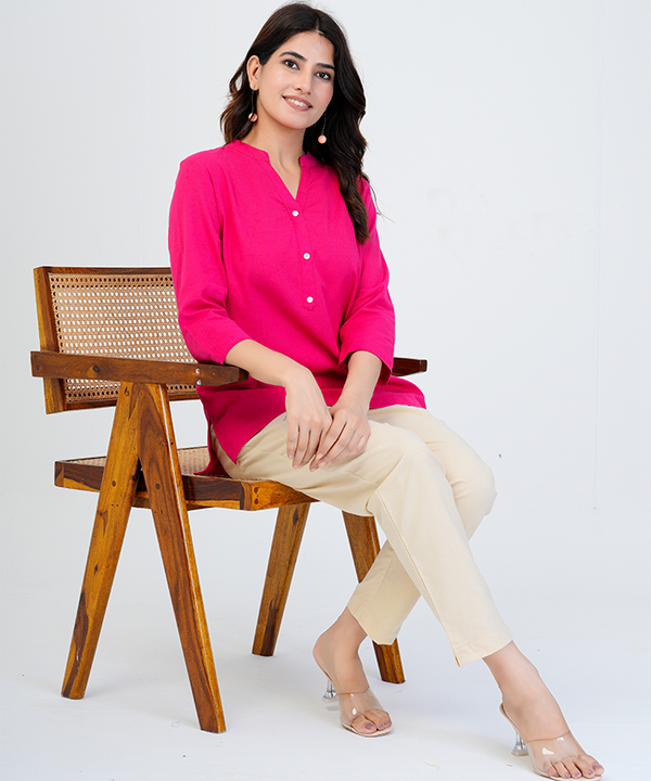 Hot Pink Airy Linen Short Kurta