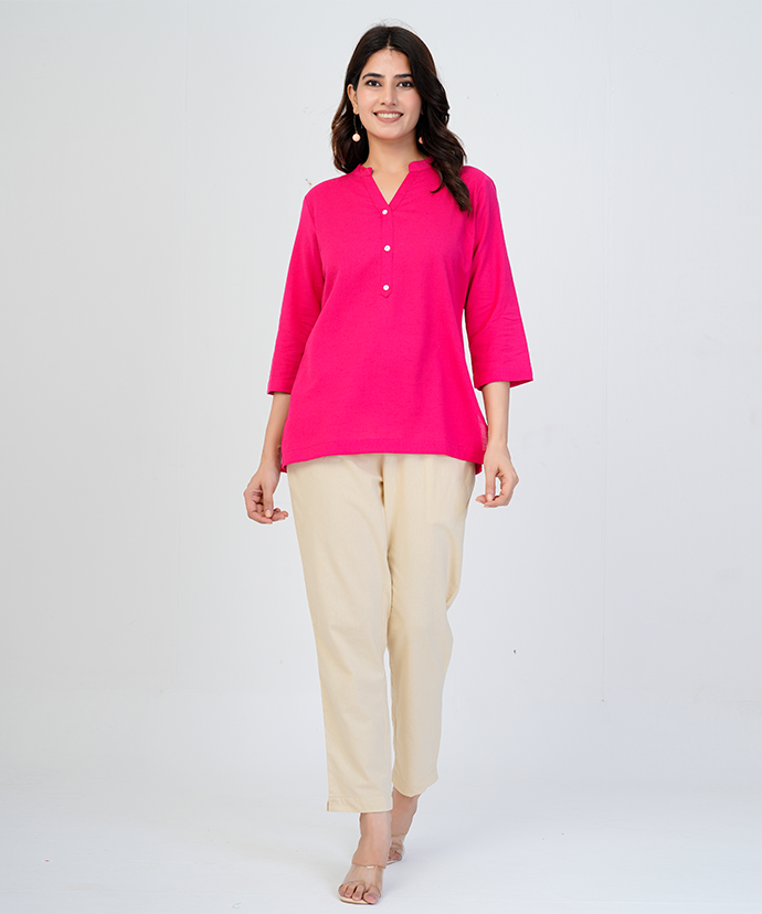 Hot Pink Airy Linen Short Kurta
