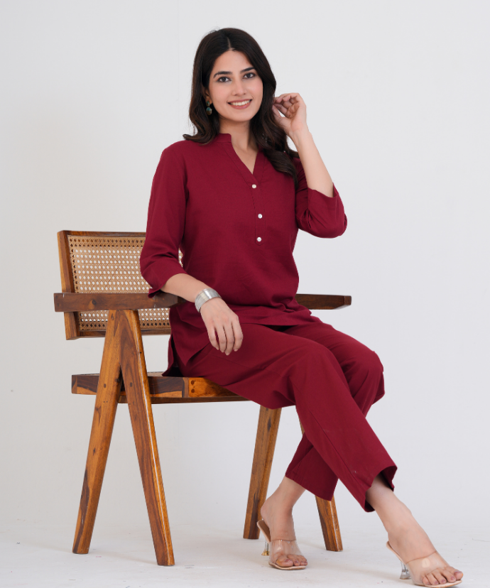 Maroon Airy Linen Short Kurta Co-ord Set