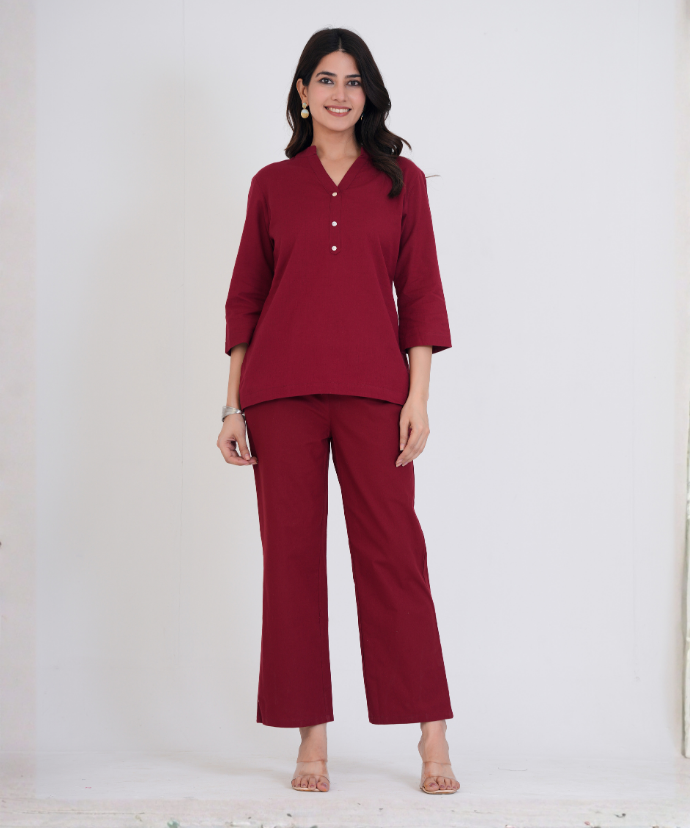 Maroon Airy Linen Short Kurta Co-ord Set