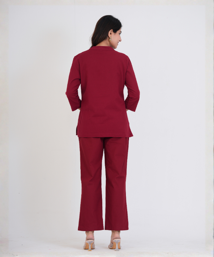 Maroon Airy Linen Short Kurta Co-ord Set