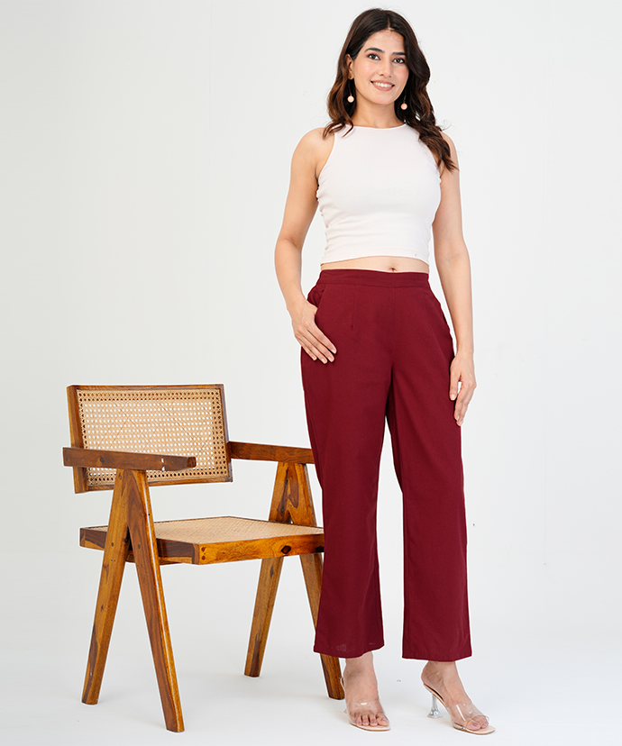 Maroon Wide Leg Cotton Pant