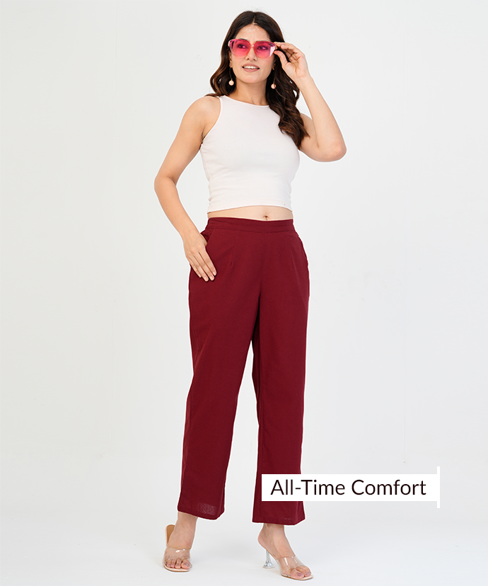 Maroon Wide Leg Cotton Pant