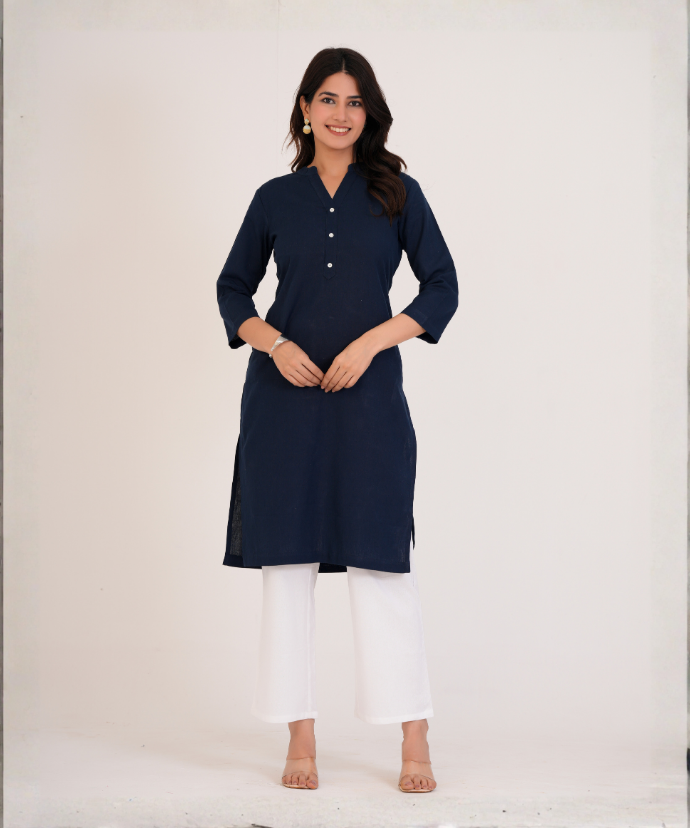 Navy Blue Airy Linen Long Kurta