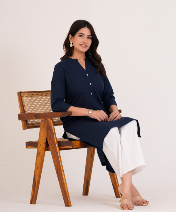 Navy Blue Airy Linen Long Kurta