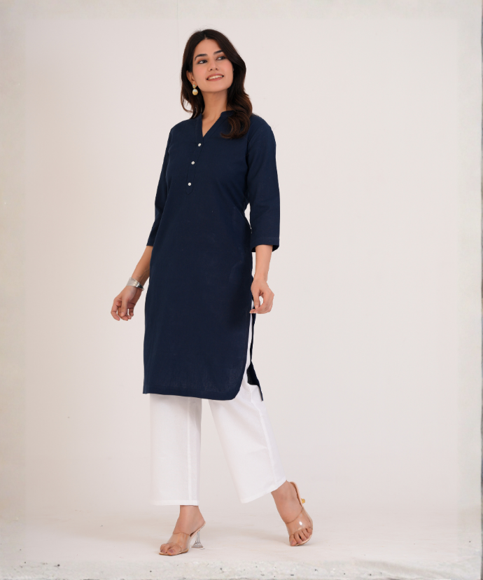 Navy Blue Airy Linen Long Kurta