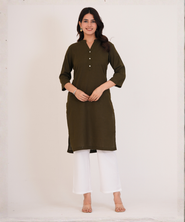 Olive Green Airy Linen Long Kurta