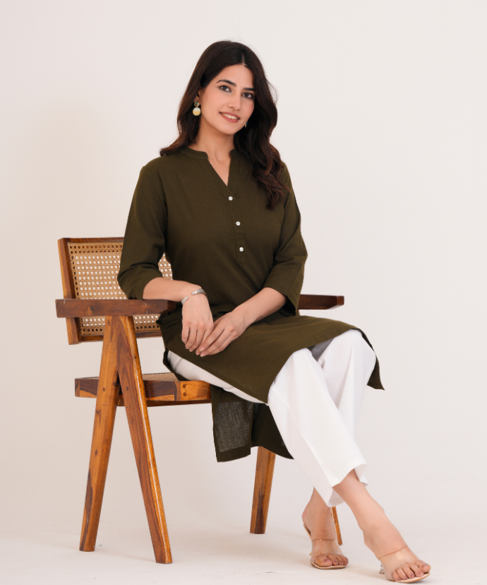 Olive Green Airy Linen Long Kurta