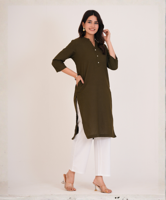 Olive Green Airy Linen Long Kurta
