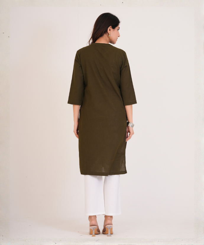 Olive Green Airy Linen Long Kurta