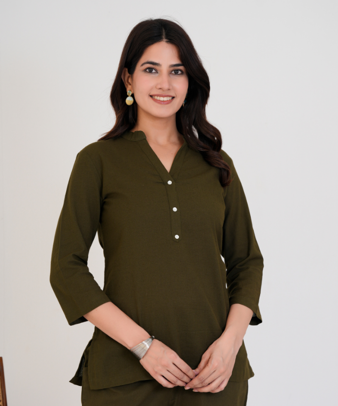 Olive Green Airy Linen Short Kurta Co-ord Set