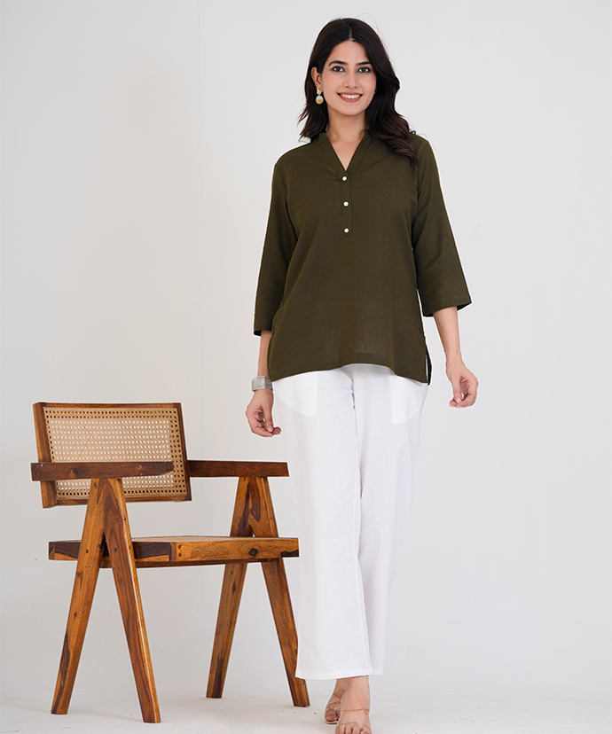 Olive Green Airy Linen Short Kurta