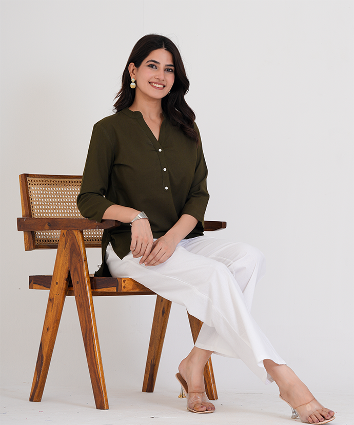 Olive Green Airy Linen Short Kurta