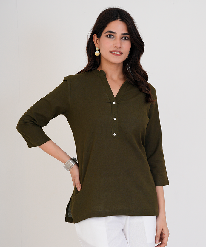 Olive Green Airy Linen Short Kurta