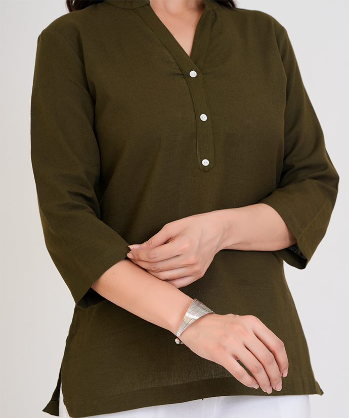 Olive Green Airy Linen Short Kurta