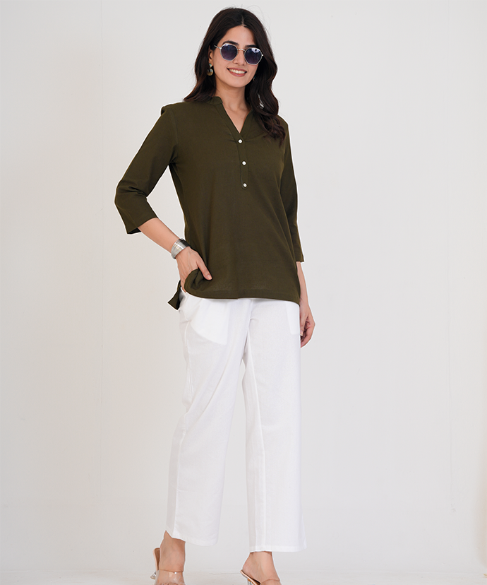 Olive Green Airy Linen Short Kurta