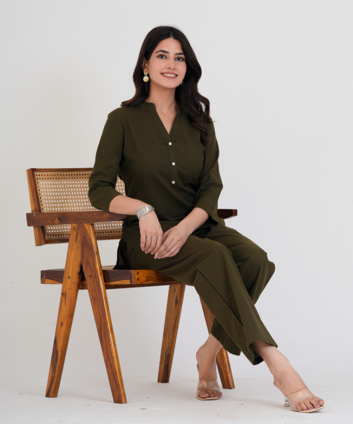 Olive Green Airy Linen Short Kurta Co-ord Set
