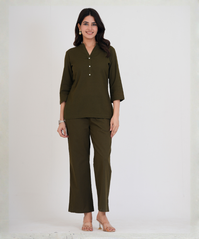 Olive Green Airy Linen Short Kurta Co-ord Set