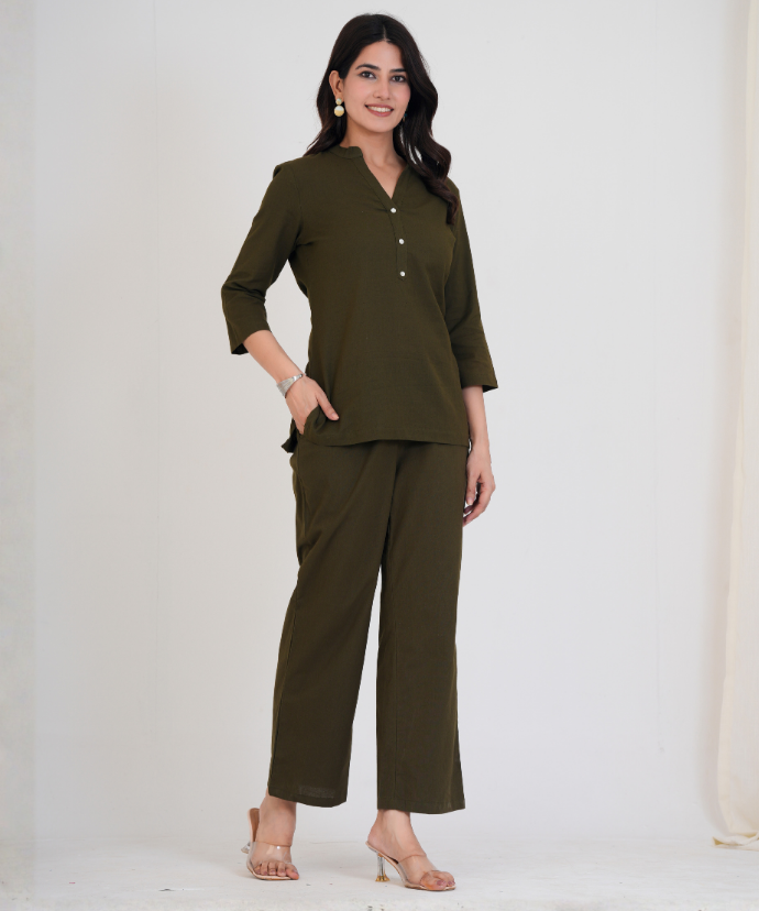 Olive Green Airy Linen Short Kurta Co-ord Set