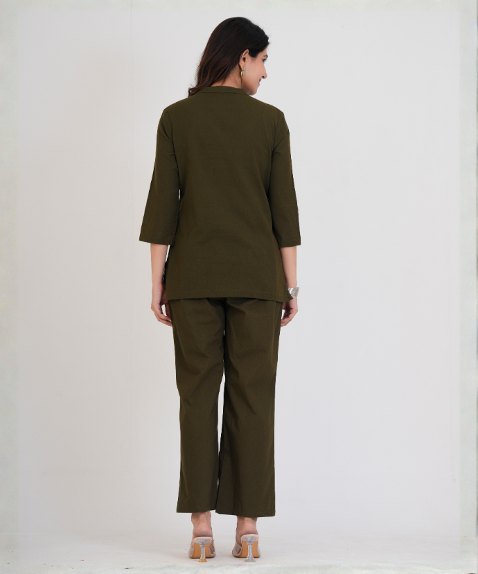 Olive Green Airy Linen Short Kurta Co-ord Set