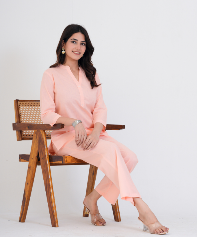 Peach Airy Linen Short Kurta Co-ord Set