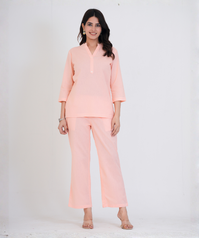 Peach Airy Linen Short Kurta Co-ord Set