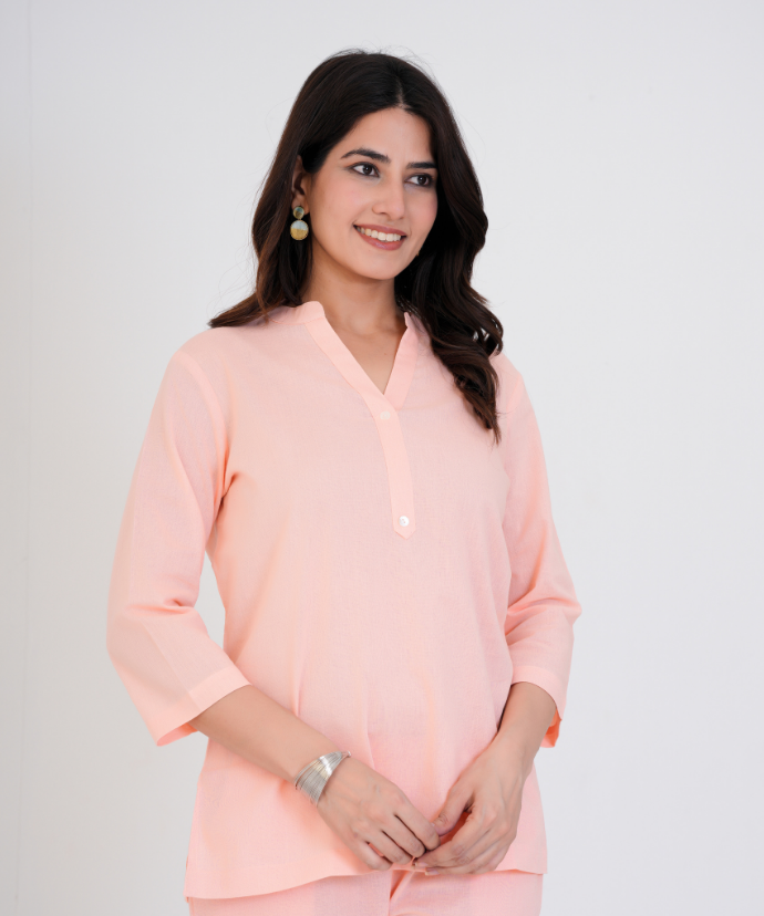Peach Airy Linen Short Kurta Co-ord Set