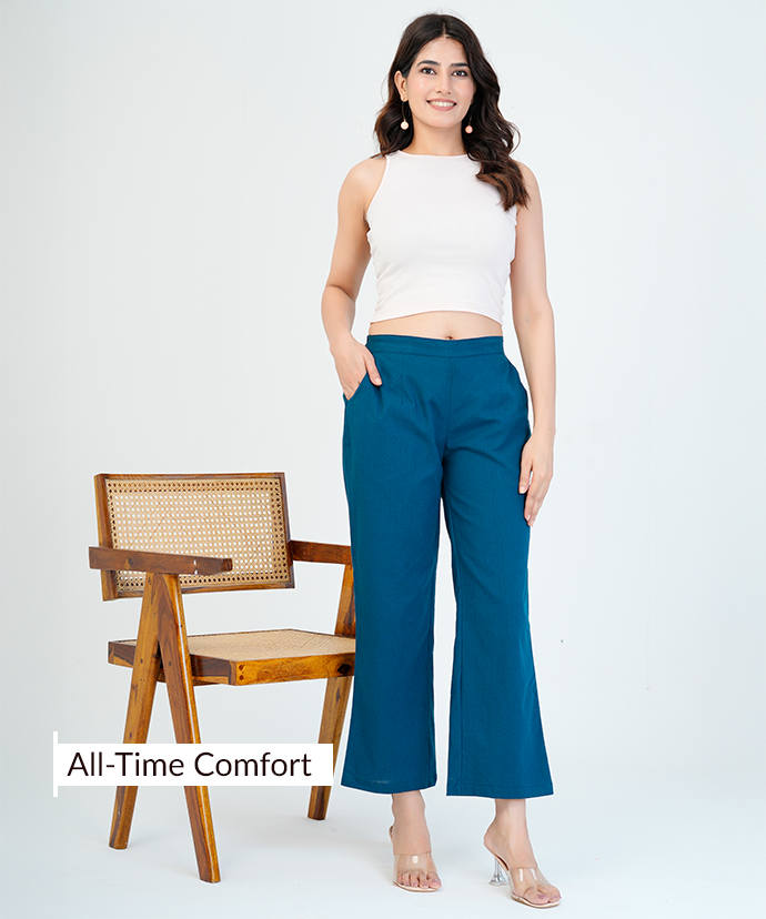 Peacock Blue Wide Leg Cotton pant