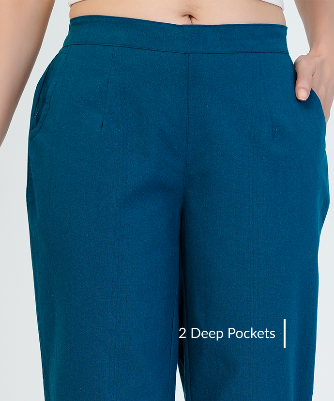 Peacock Blue Wide Leg Cotton pant