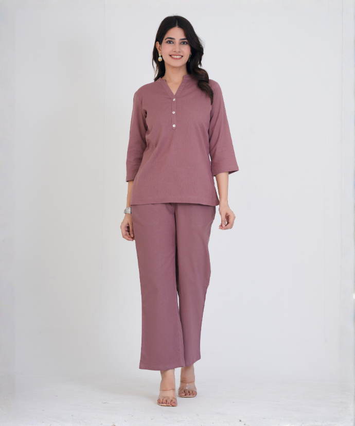 Rose Taupe Airy Linen Short Kurta Co-ord Set