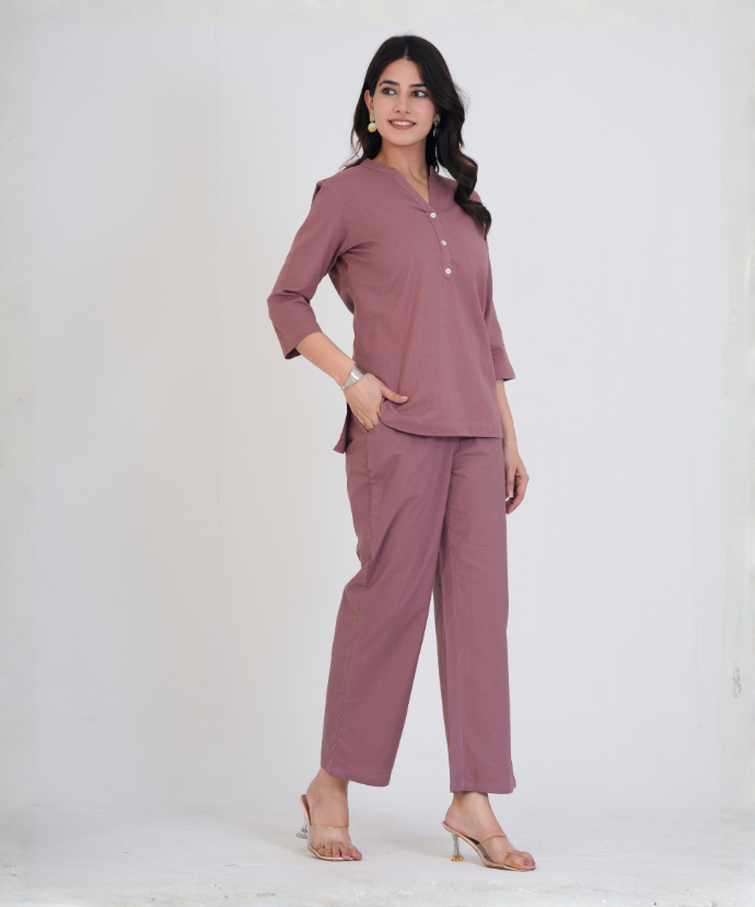 Rose Taupe Airy Linen Short Kurta Co-ord Set