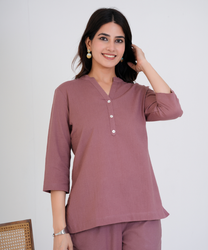 Rose Taupe Airy Linen Short Kurta Co-ord Set