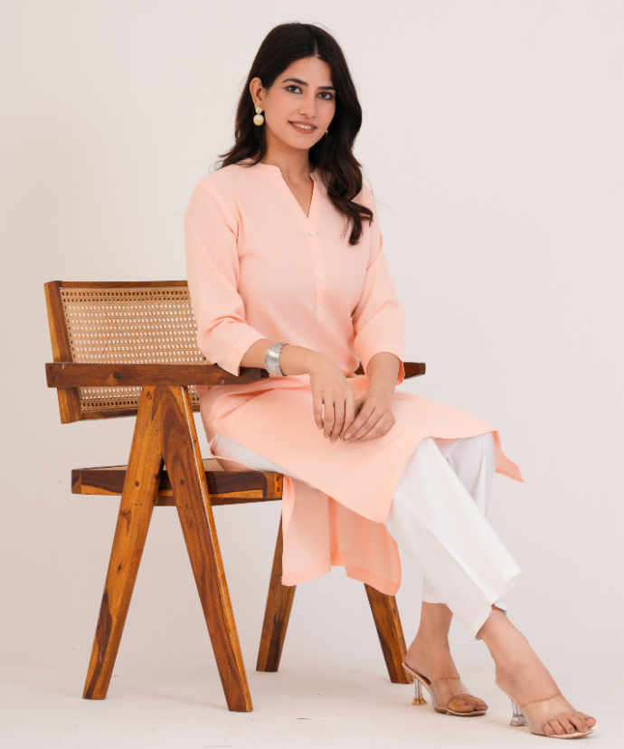 Salmon Pink Airy Linen Long Kurta